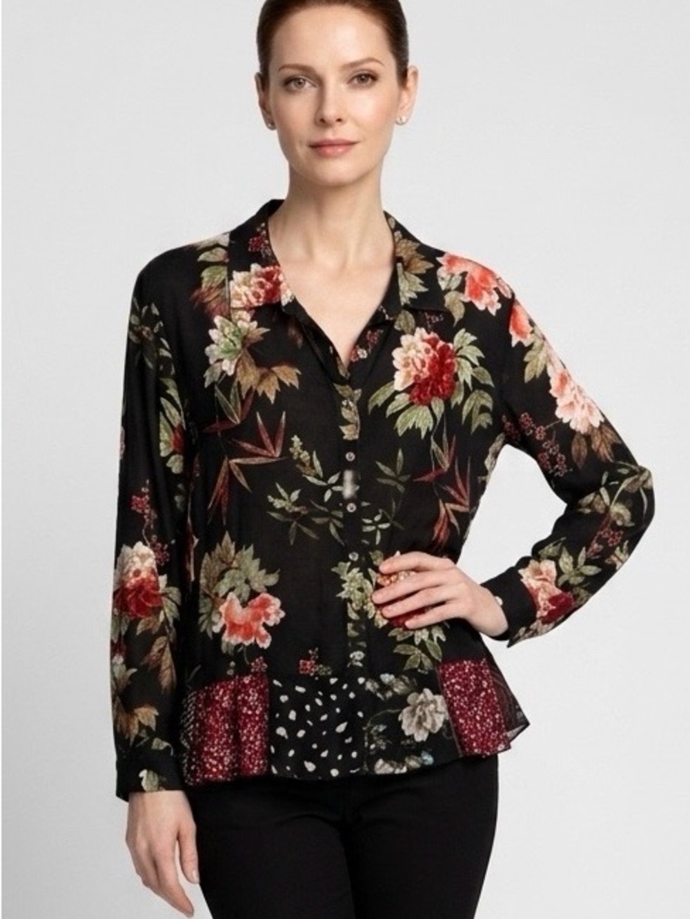 John Mark Black Floral Button-Down Blouse
